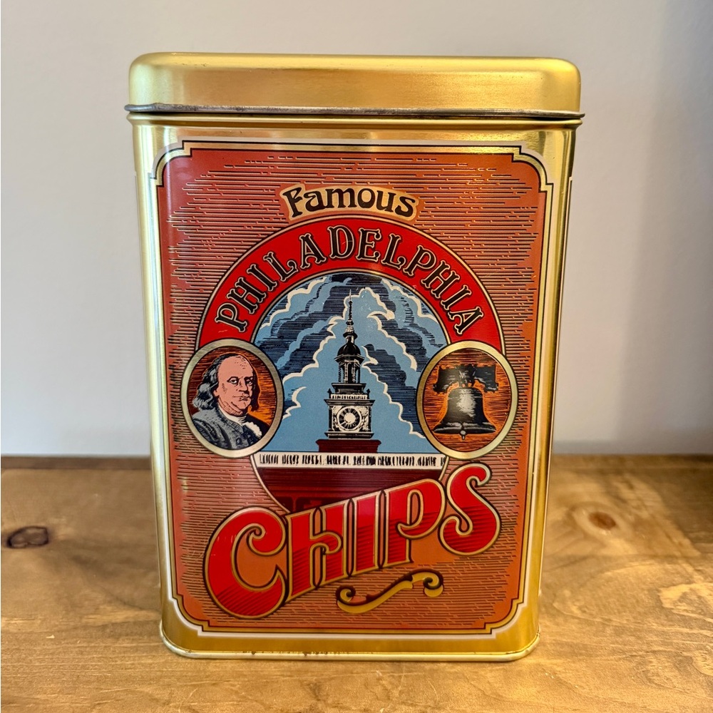 Vintage Cheinco "Famous Philadelphia Chips" Metal Tin, Collectible, 9” Tall